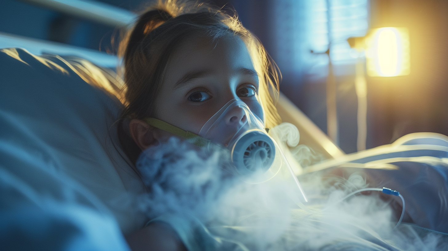 Girl in Hospital Bed with Oxygen Mask