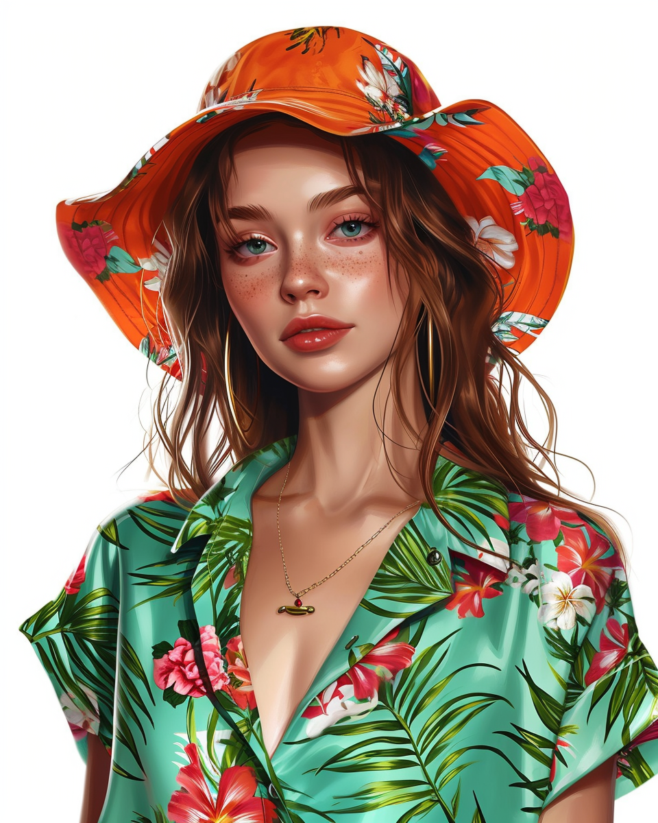 Girl hostess in Hawaii shirt with Mexican pattern wearing a bright bucket hat