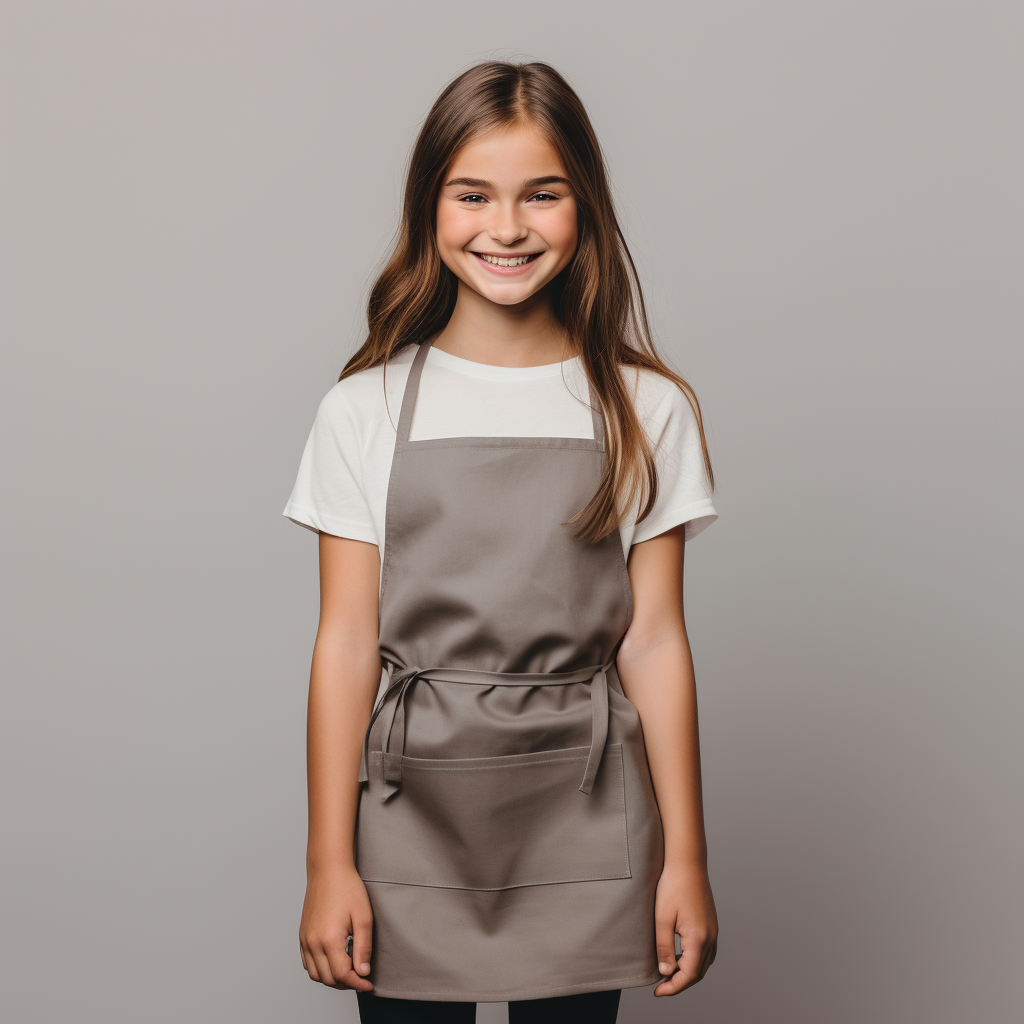 Stylish girl in apron on plain grey background