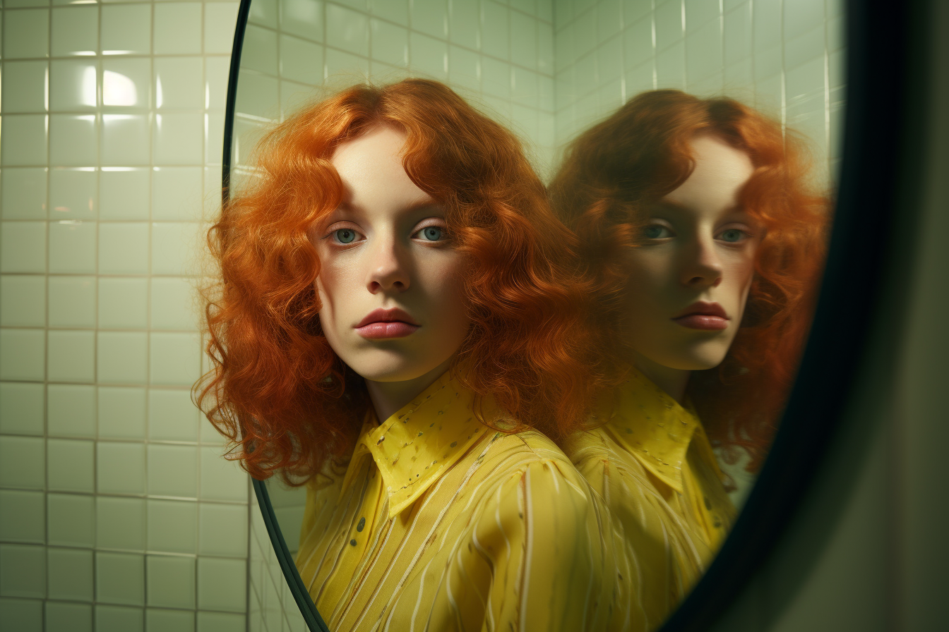 A girl admiring herself in the bathroom mirror