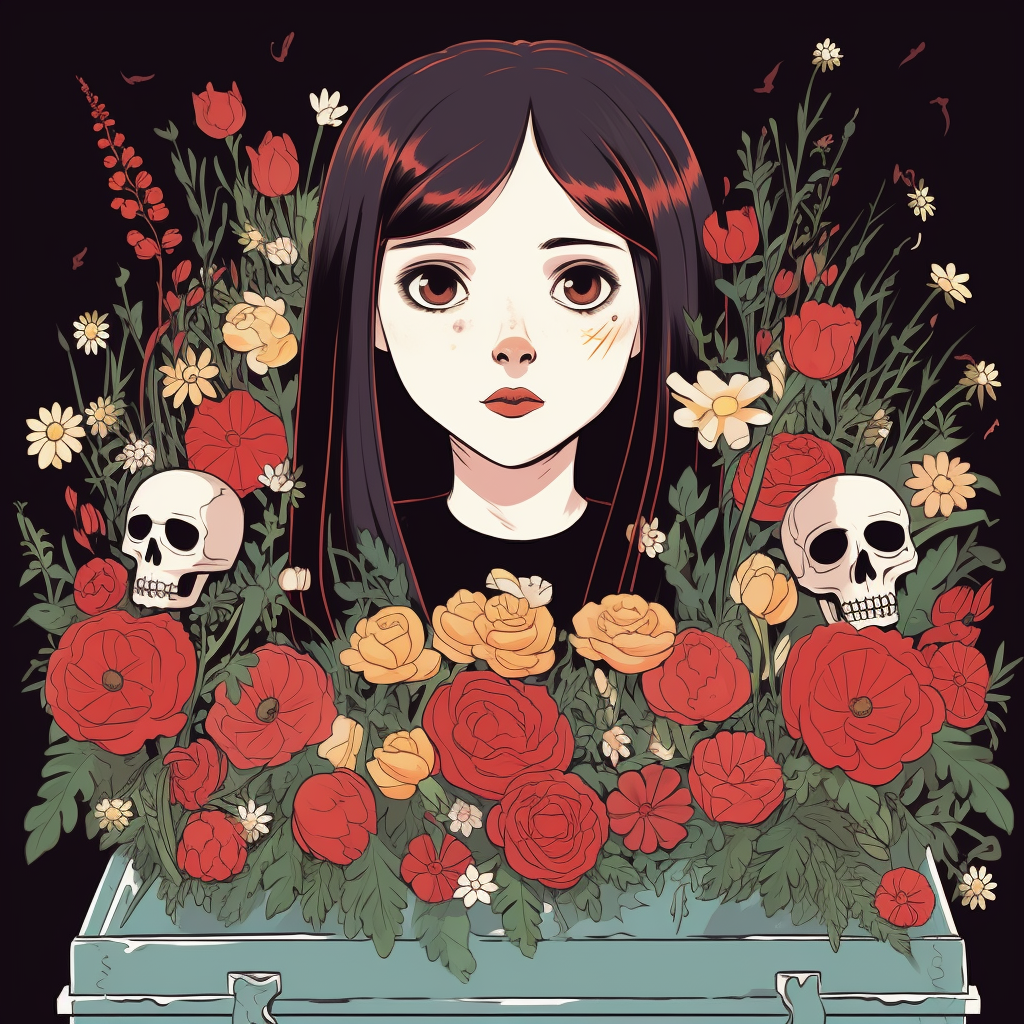 Ghibli-inspired art of girl in coffin with flowers and skulls