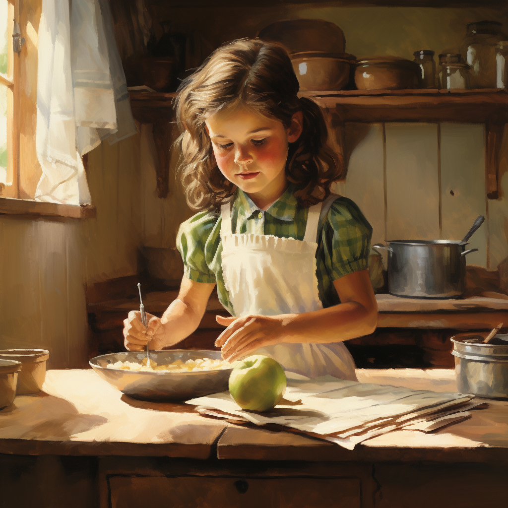 Little girl peeling apples in kitchen