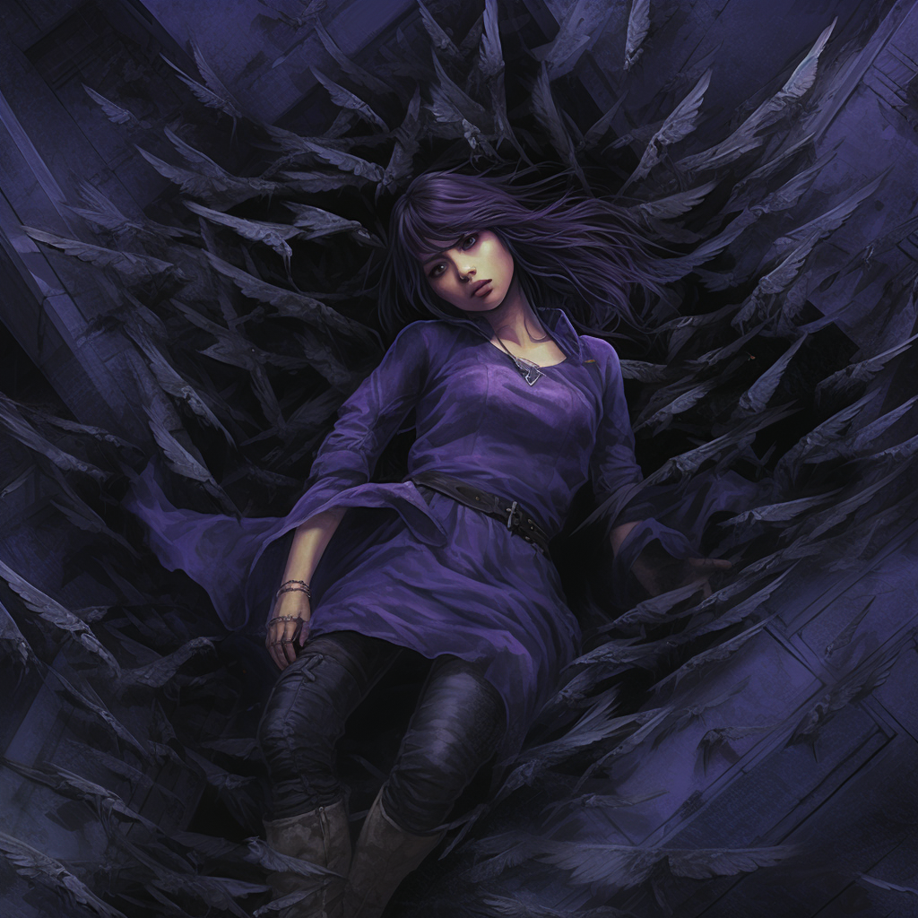 Girl in purple clothes falling abyss