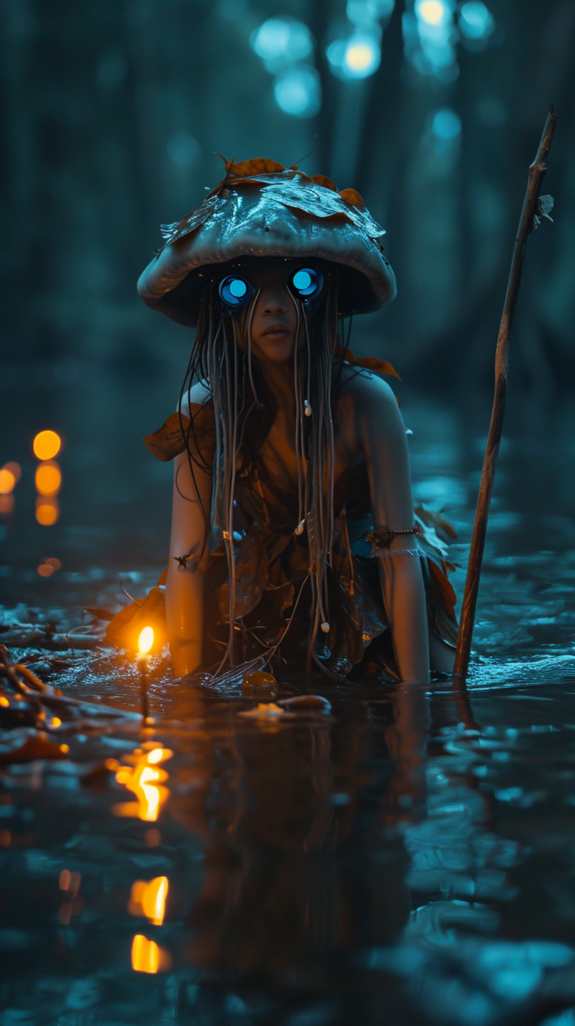 Girl in water with giant jellyfish mask