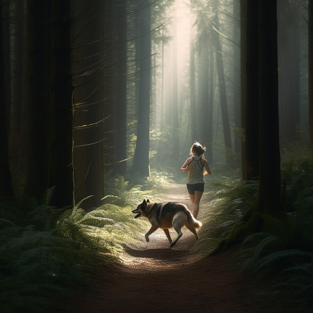 Girl jogging through a closed forest chased by a wolf