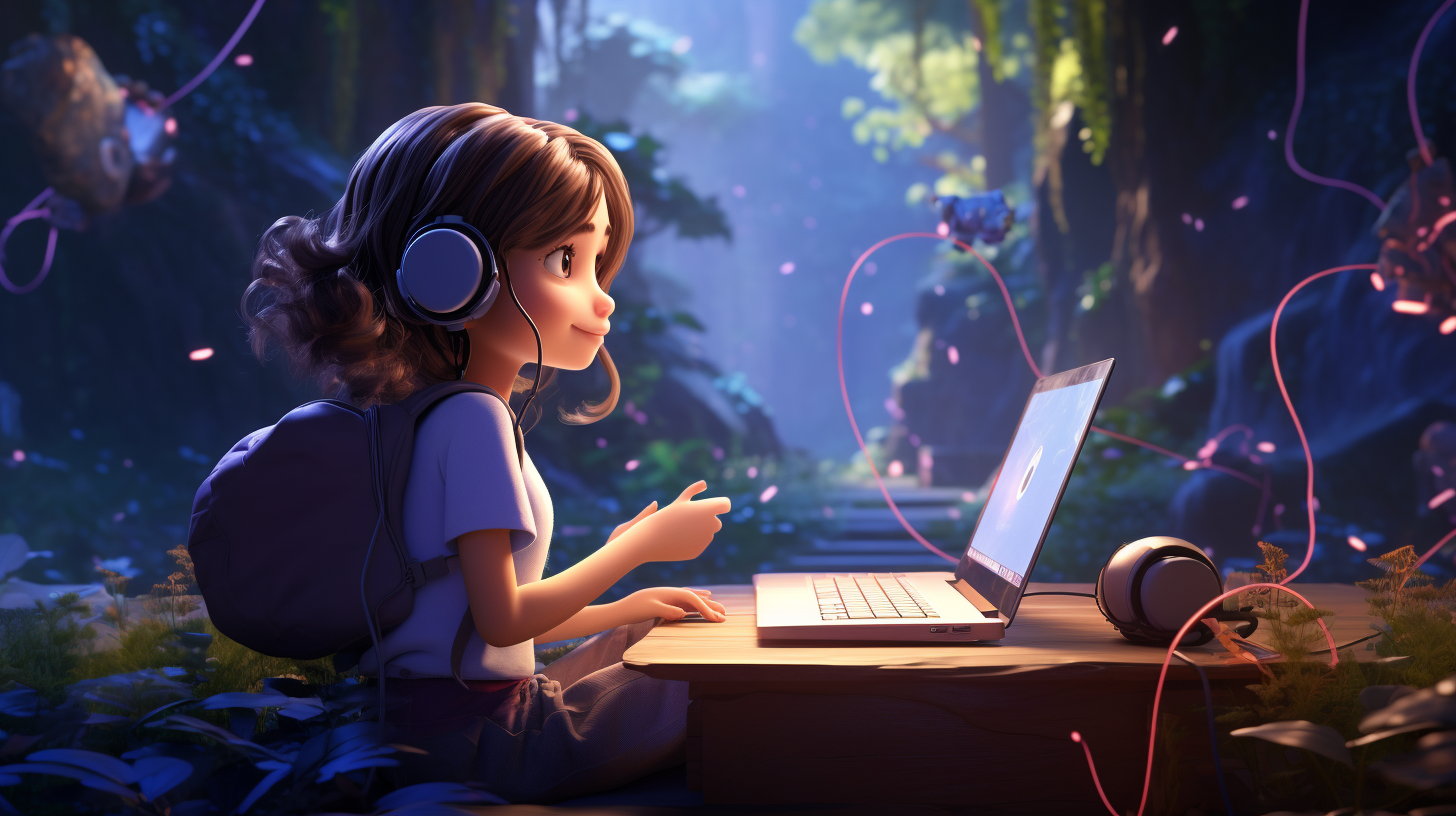 Girl working on laptop with headphones in nature