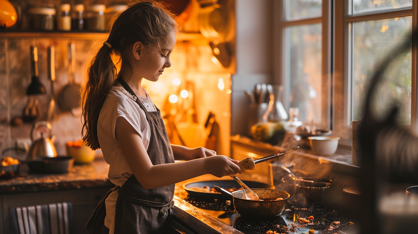 Young girl mastering cooking techniques