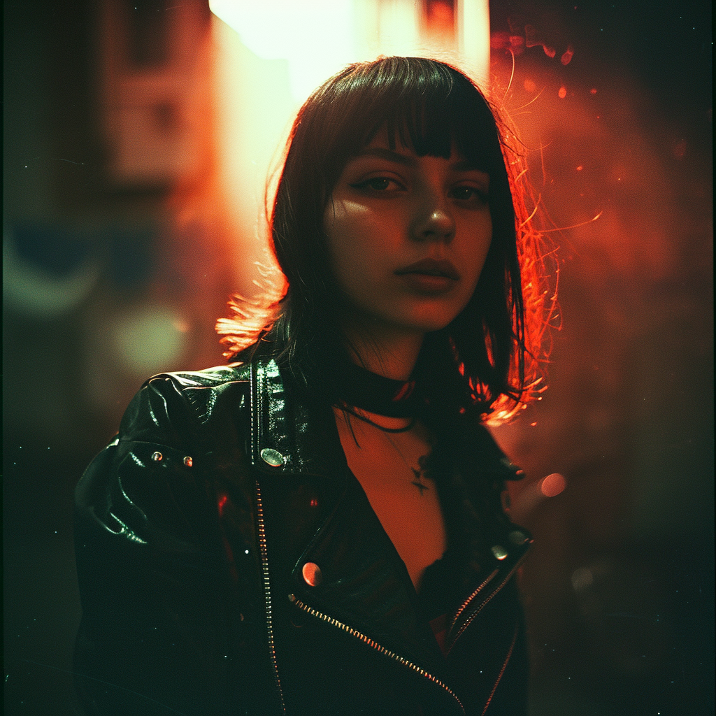 A girl wearing a leather jacket