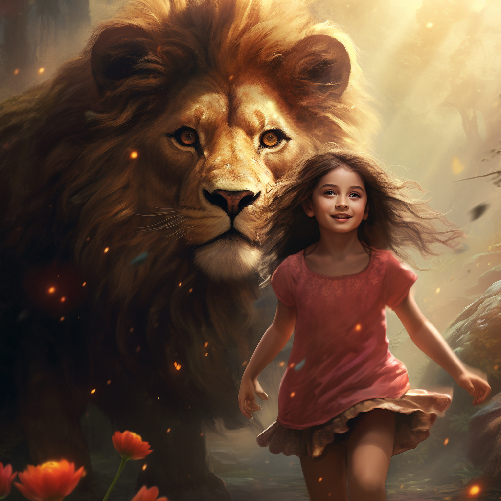 Little girl and big lion in magical wonderland