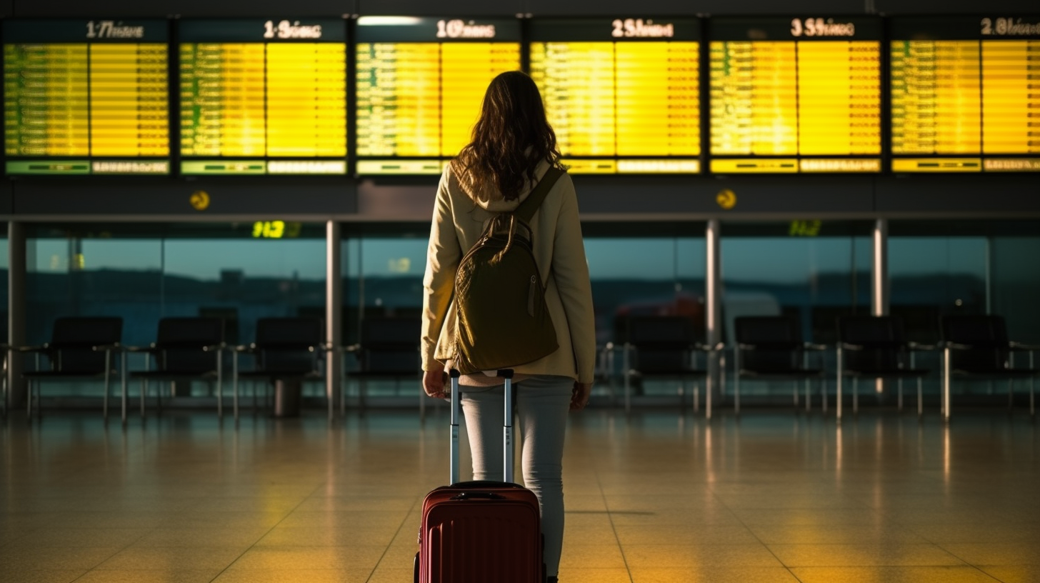 Rear view of girl looking at airport scoreboard