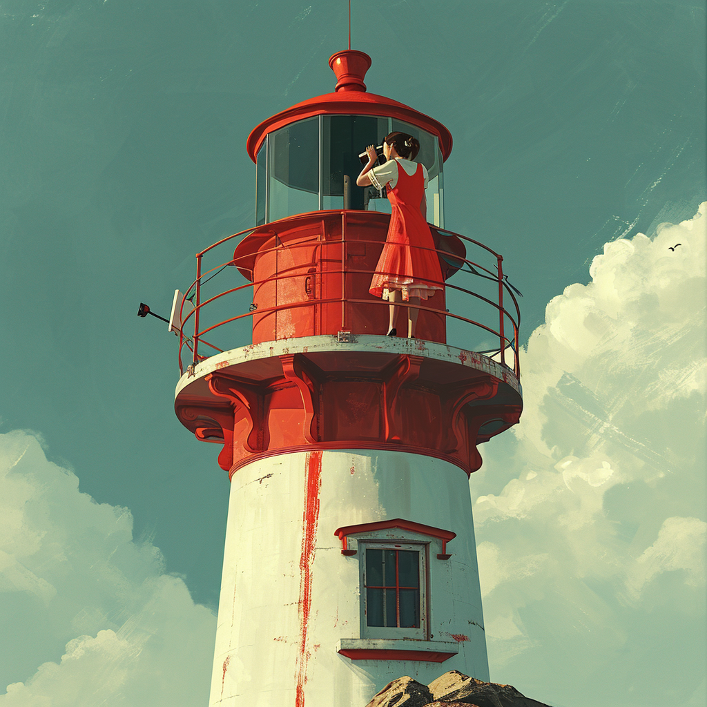 Girl in Red Dress looking through Binoculars on Lighthouse