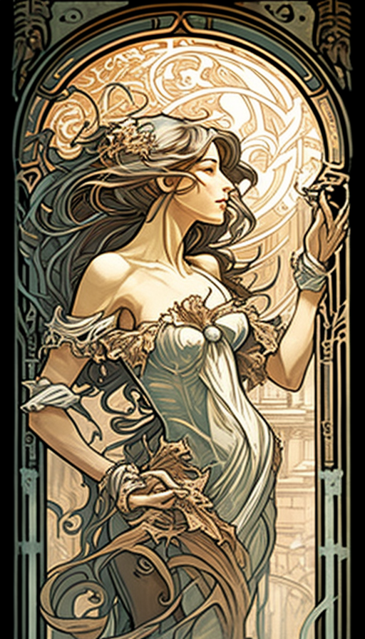 Beautiful Art Nouveau Girl and Machine Illustration.