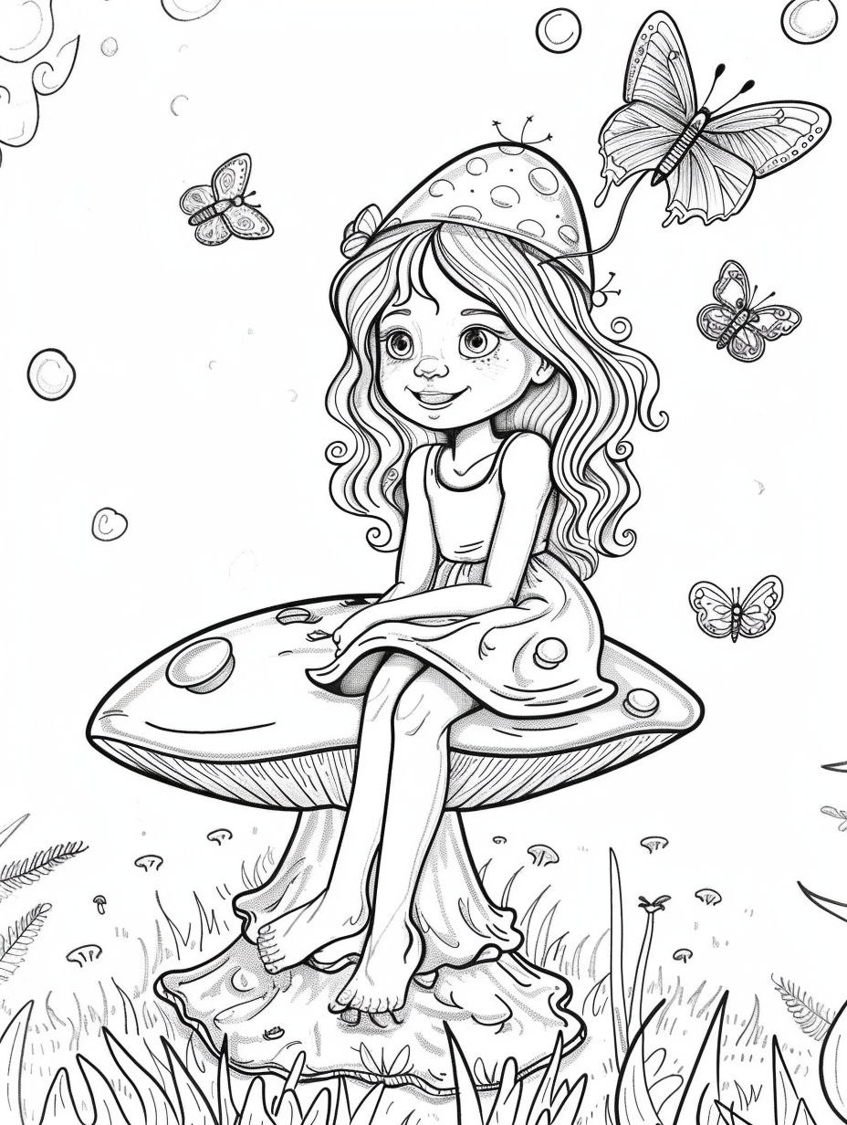 Young girl on mushroom with butterflies