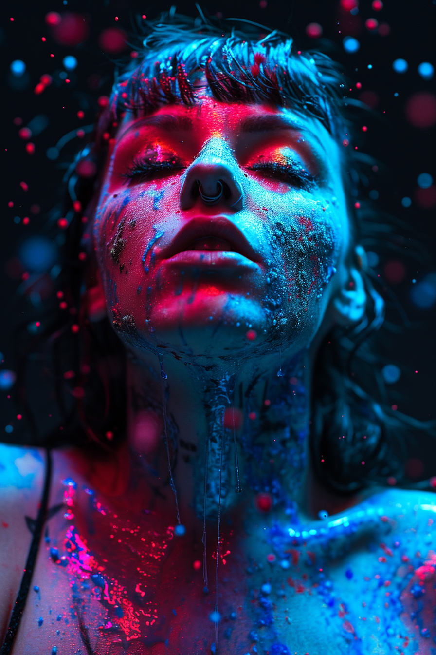 Girl with needles in face and blue sand on chest