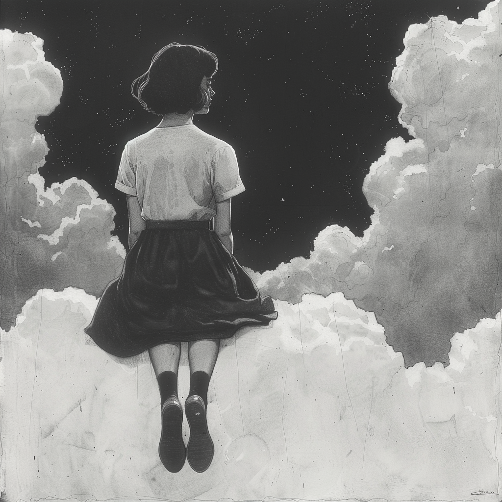 Girl on Cloud in Monochrome Drawing