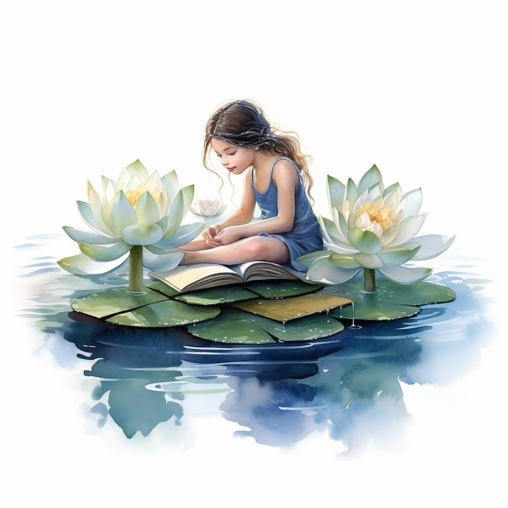 Cute girl on water lily reading a book