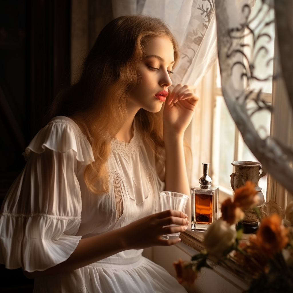 Fashionable girl painting lips in front of a mirror