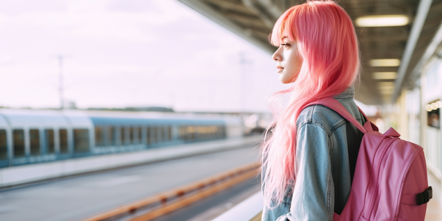 Girl with pink hair and backpack