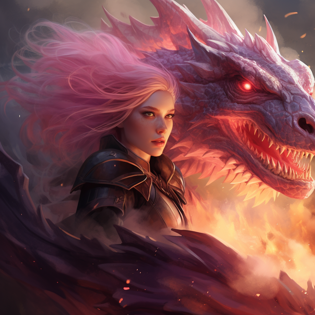 Pink-haired girl on fire breathing dragon