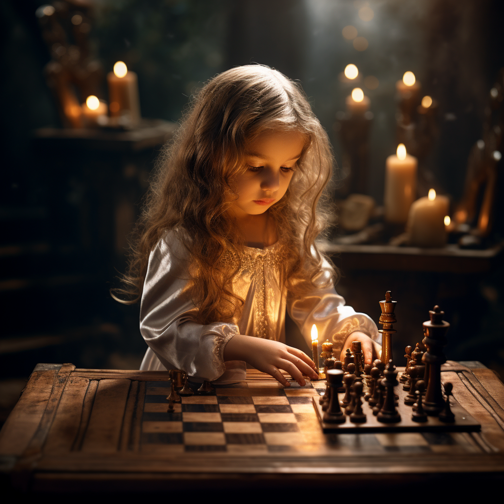 Young girl strategizing at chess castle