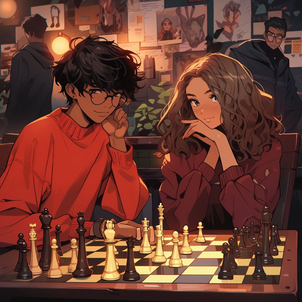 Girl in Red Dress and Curly Haired Man Playing Chess