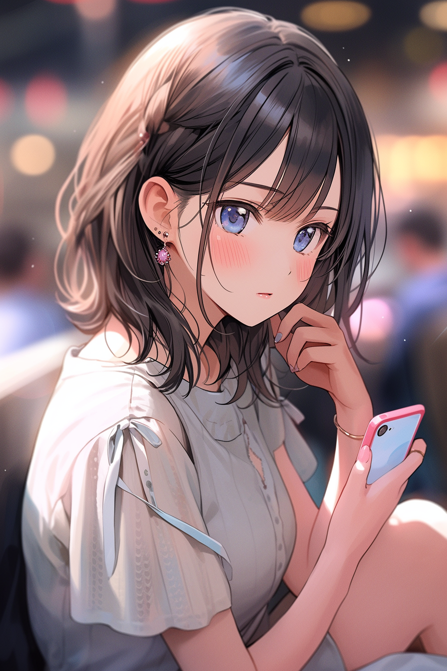 Girl playing on her phone with anime masterpiece