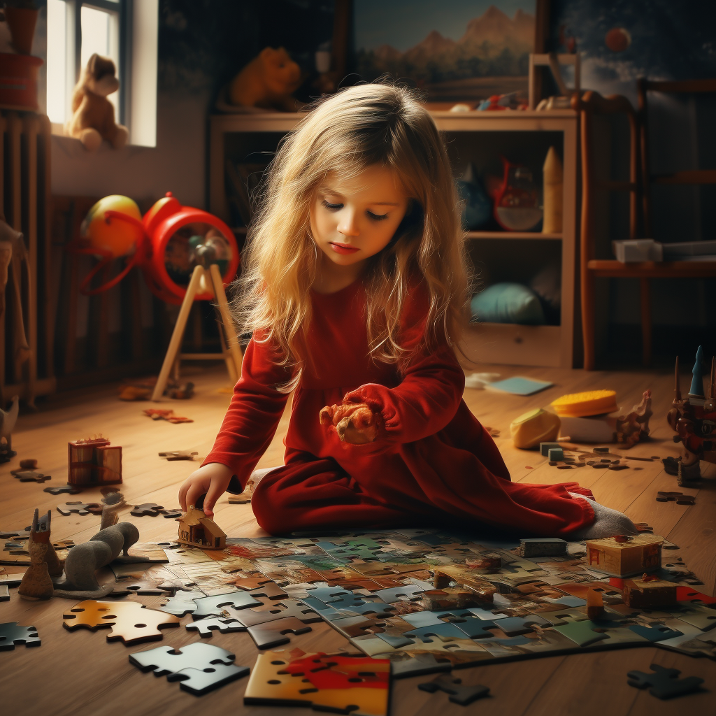 little girl playing puzzle playroom