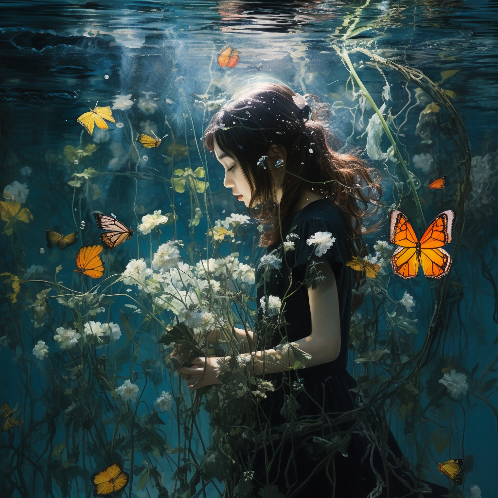 Girl posting underwater with flowers and dragonfly