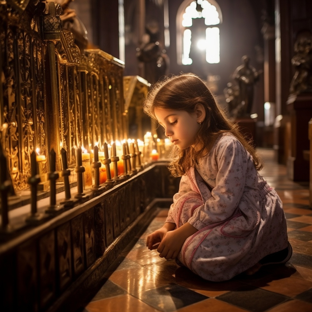 Young girl kneeling and praying in cathedral