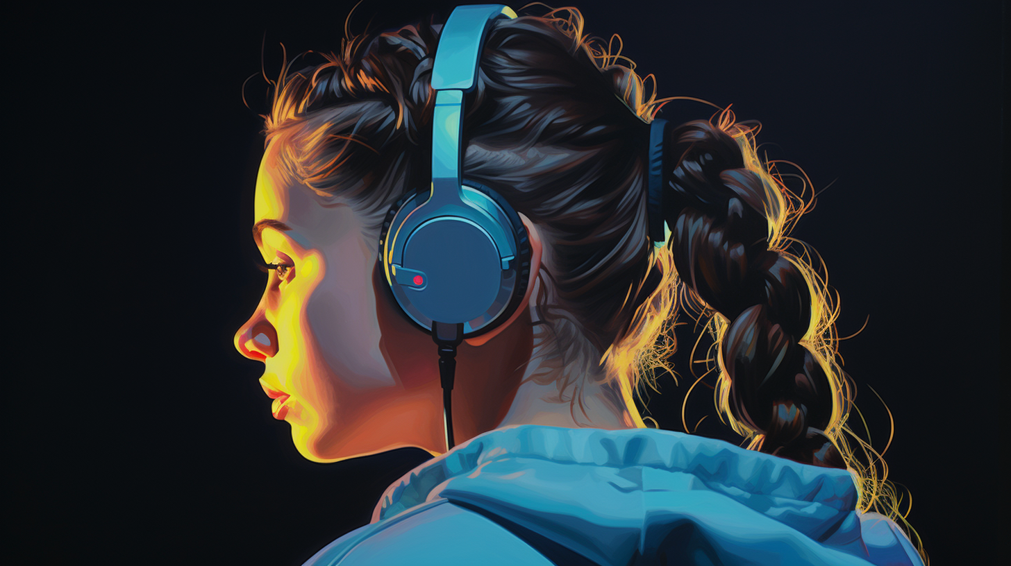 Young girl wearing sweatshirt and headphones