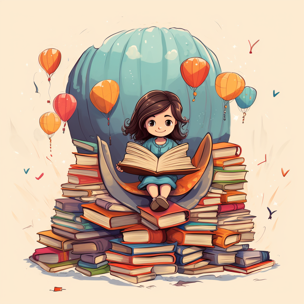 Little girl reading in a parachute made with books