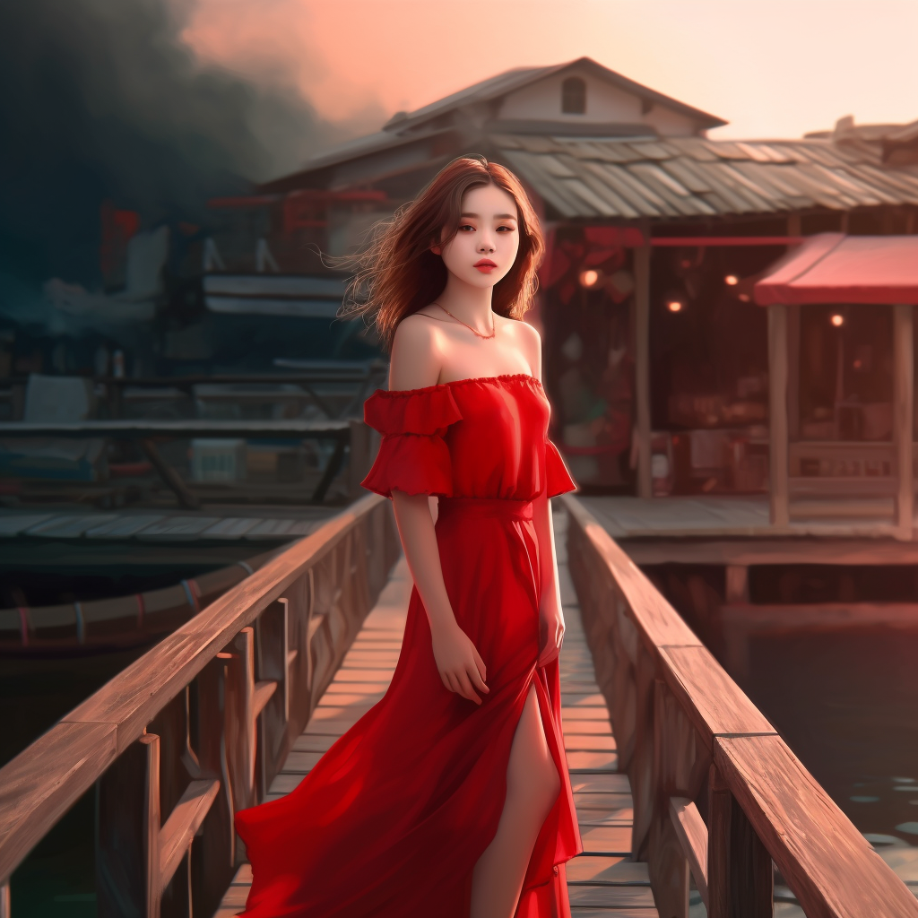 Beautiful girl in red dress on dock