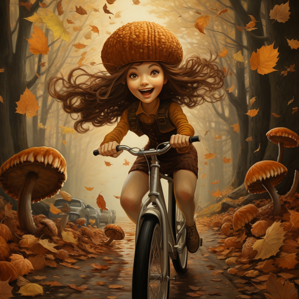 Girl with Bicycle and Falling Acorn