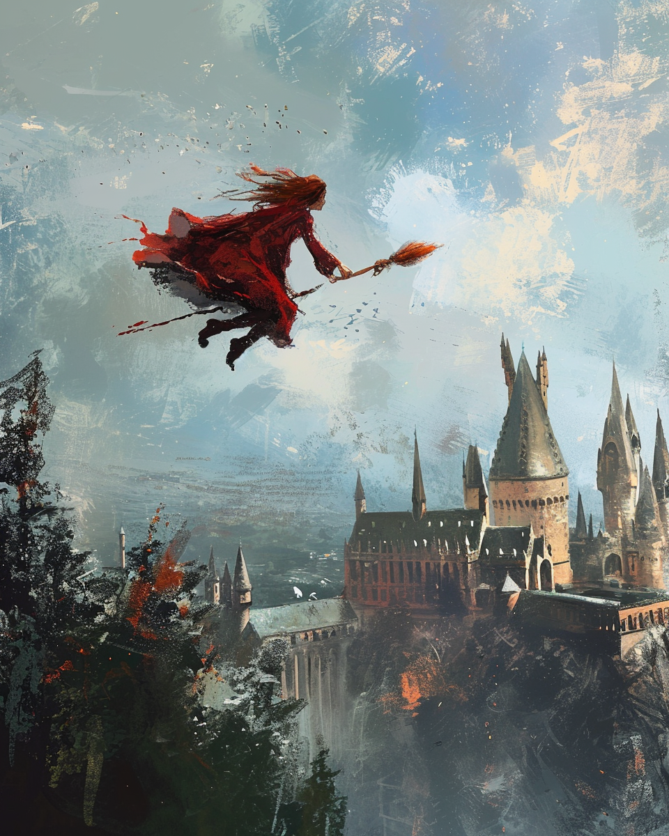 Girl Riding Broomstick Above Hogwarts