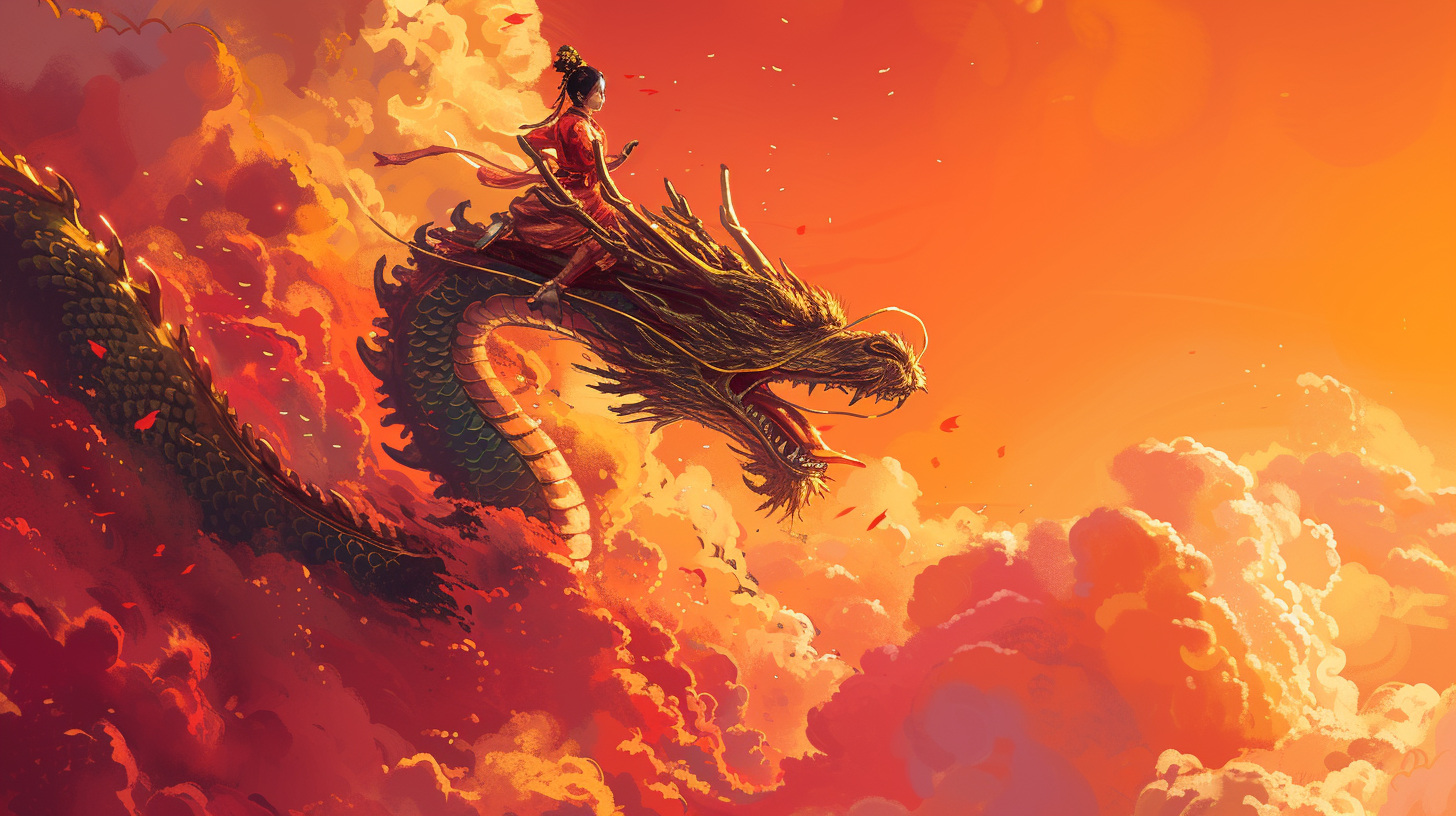 Girl riding Chinese dragon in red sky