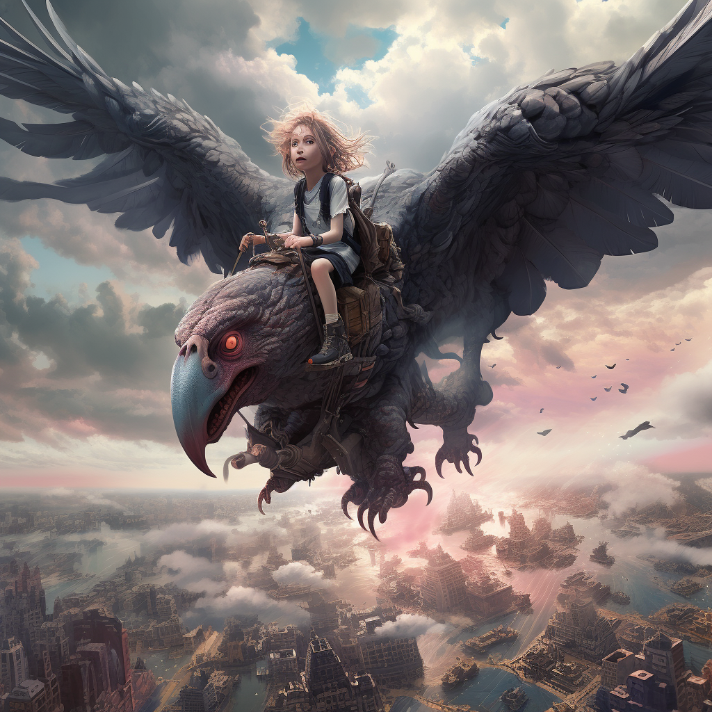 Girl Riding Giant Sea Eagle in City