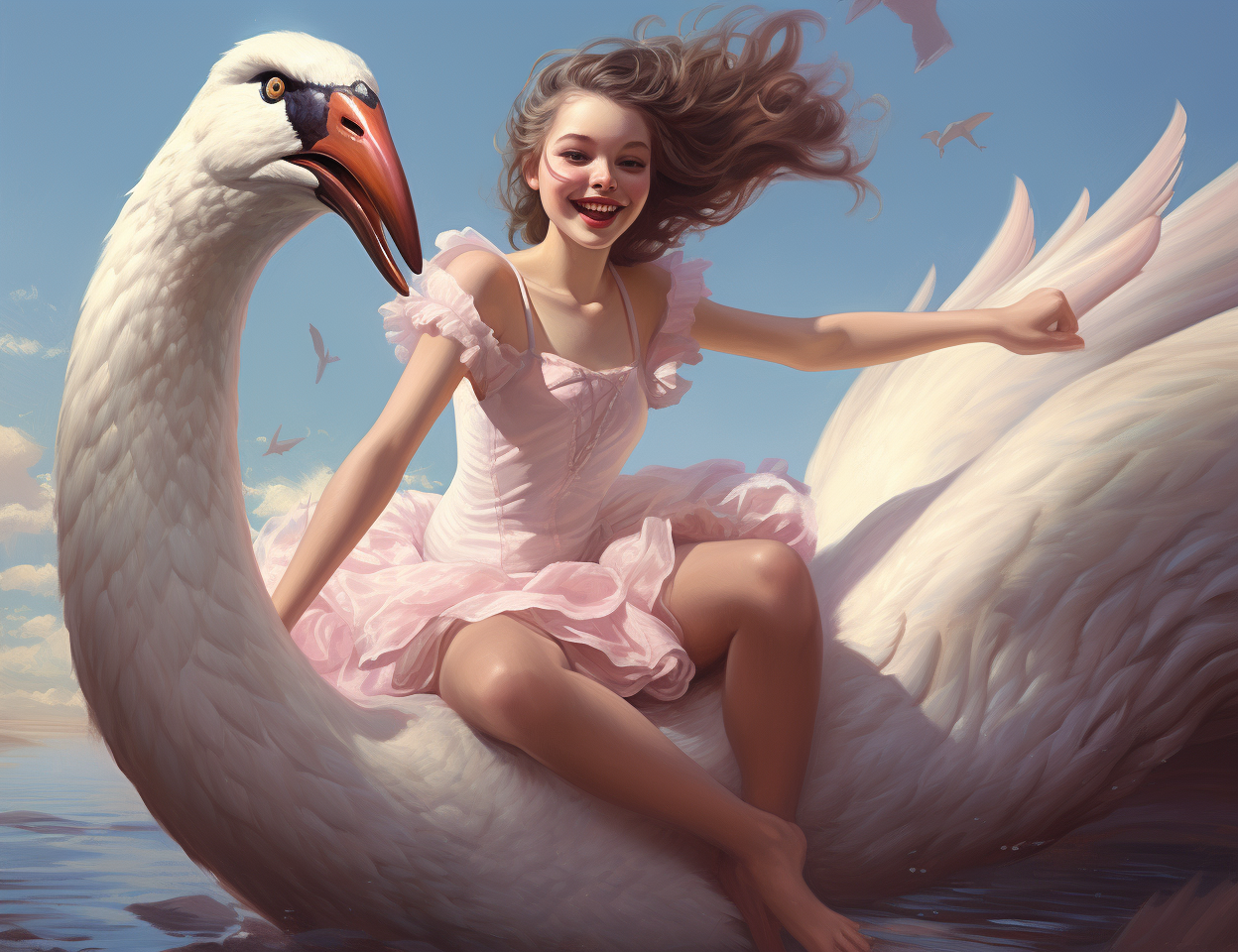 artwork of girl riding swan