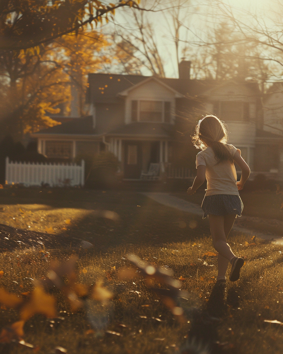 Girl running in suburban yard