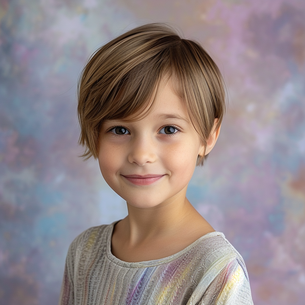 Eight-year-old girl with pixie cut on pastel background