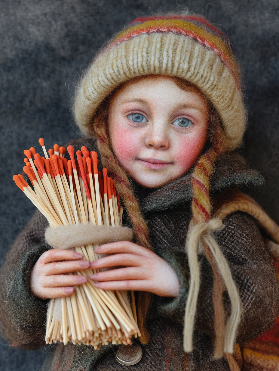 Girl selling matches on wool felt