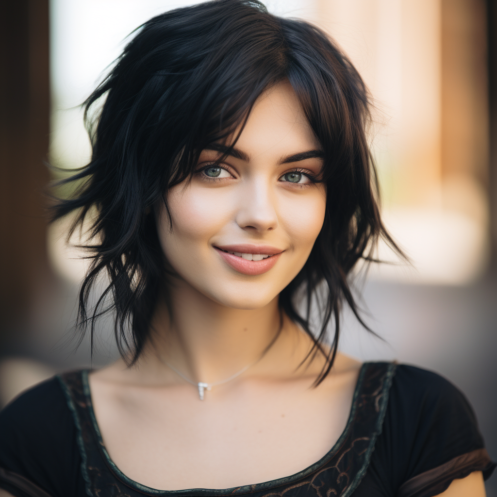 Young girl with short black hair and a fantasy outfit smiling