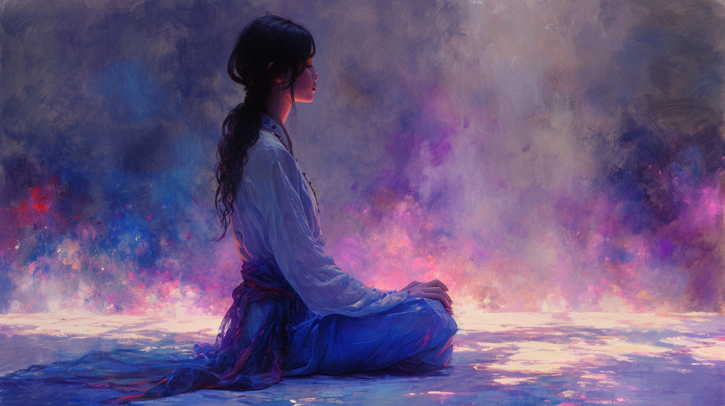 Cosmic Symbolism Painting of Girl on Floor