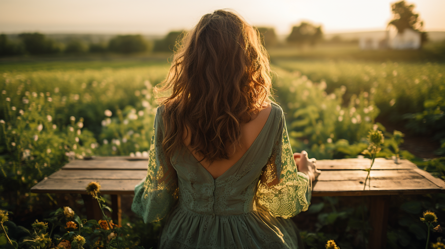 Girl sitting in green field, sunlight