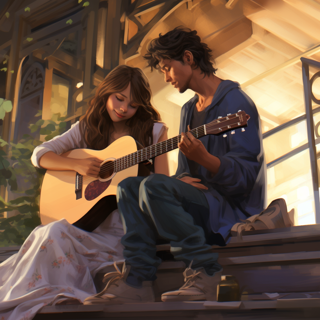 Couple with Musician in Romantic Serenade