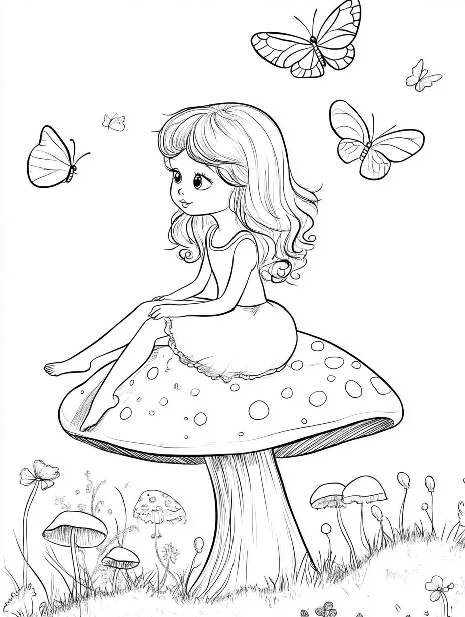 Young girl on mushroom with butterflies