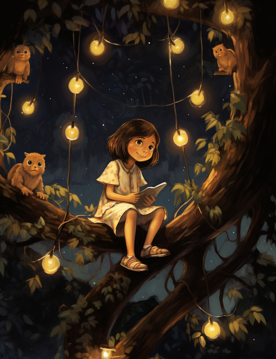 Little girl joyfully sitting in tree at night