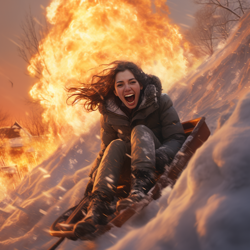 Girl sledding in snow causing eruption