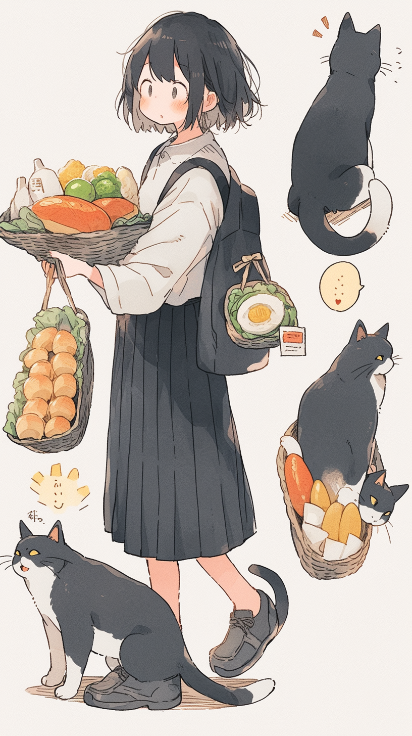 Cool girl eating snacks with cat