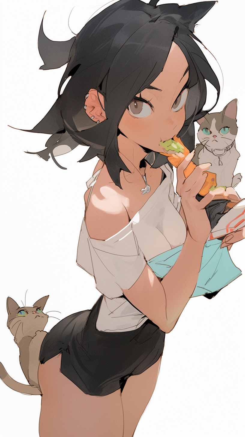 Happy girl eating snacks with her cat