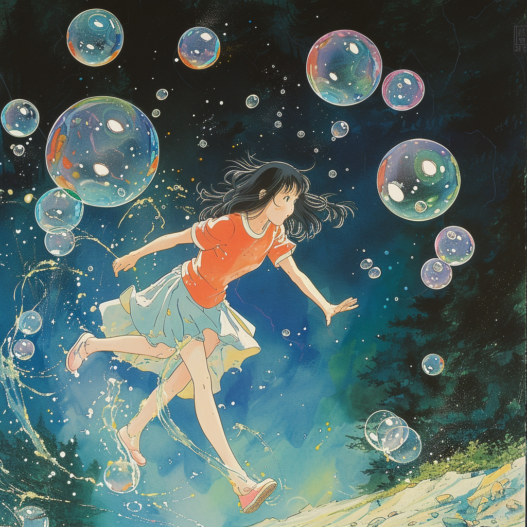 Girl Sprinting, Iridescent Bubbles, Missing